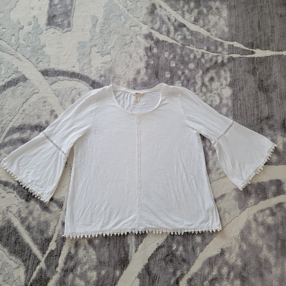 Style & Co. White Crochet-Trim Bell Sleeve Blouse Size M/L
